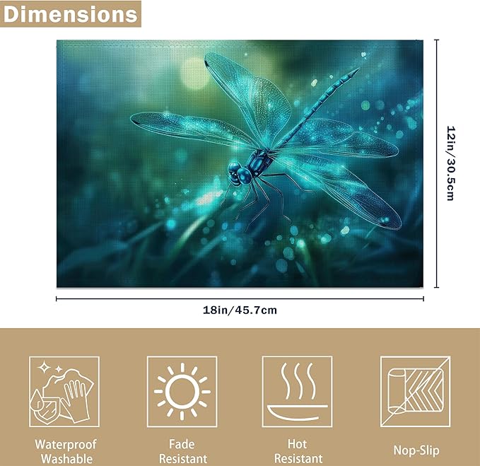 Fantasy Green Dragonfly Placemats Set of 6, Cute Linen Washable for Christmas, Thanksgiving, Party, and Daily Dining, Decorative Table Mats for 4-6 Person Table