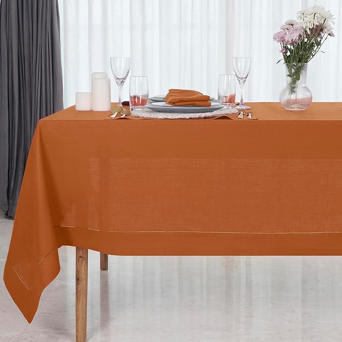 D'Moksha Homes Rust Linen Tablecloth 60 x 156 Inch - 100% Pure Linen Rust Tablecloth for Rectangle Tables - Classic Hemstitch, Machine Washable Table Cloth for Spring, Easter