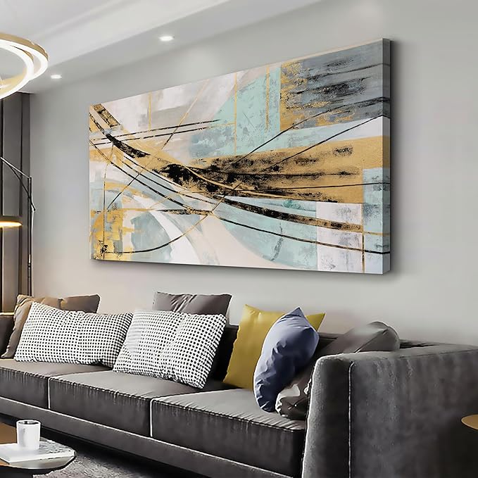 Abstract Wall Art Framed Wall Decor Modern Canvas Abstract Wall Art Black-Gold and Blue Grey Abstract Artwork for Living Room Bedroom Dining Room Home Office Decor 24"x48"