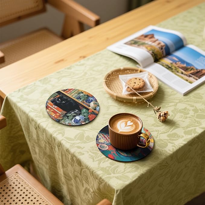 Cat Coasters Leather Round Drink Coasters 6 Pcs Set with Holderor for Cup Drink Coffee Table Bar Home Decor