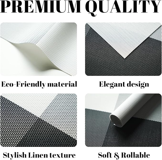 Placemats Set of 8 Vinyl/Plastic Woven Place Mats for Kitchen Table Indoor/Outdoor Washable Placemat Wipeable Dining Table Mats (Grey Grid,8)