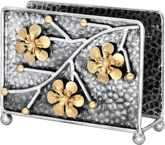 OwlGift Sakura Napkin Holder, Cherry Blossom Design Metal Freestanding Tissue Dispenser Organizer Iron Tabletop Paper Napkin Holder Stand for Home Kitchen Restaurant Picnic Party, Silver