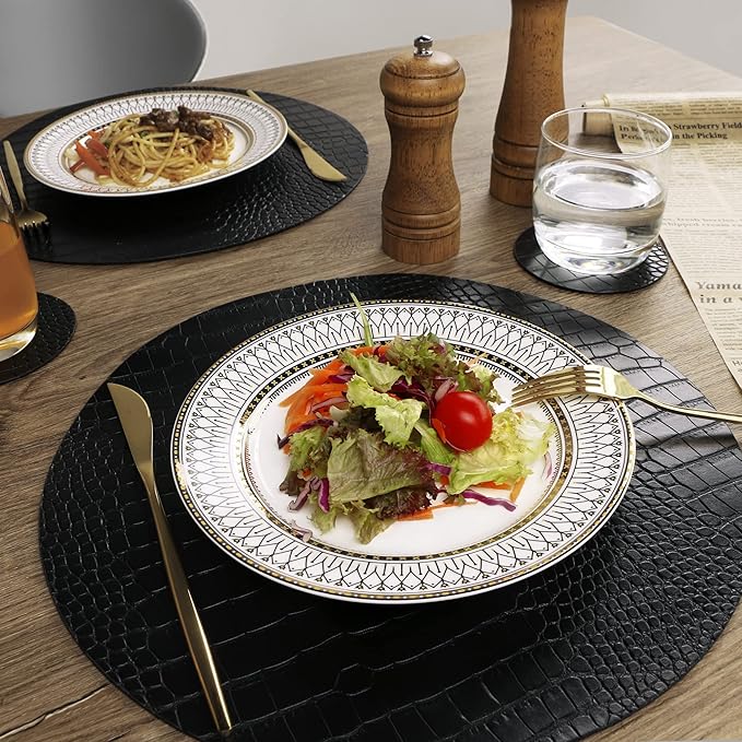 Round Leather Placemats for Round Tables Set of 8, Black Table Place Mats and Coasters, Washable Easy to Care for Indoor Decor 13" Diameter