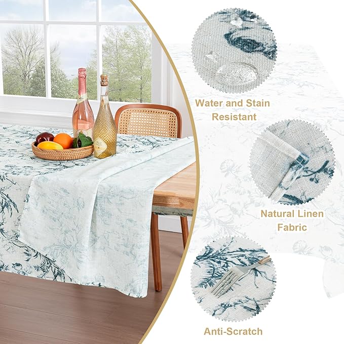 H.VERSAILTEX Linen Table Cloths Floral Printed Tablecloth Spill-Proof Waterproof Table Cover for Dining Buffet Feature Soft and Thick Fabric Wrinkle Free, 60 x 104 Inch, Vintage Botanical - Blue