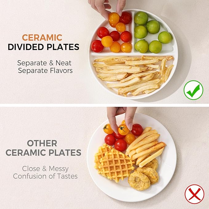 8" Ceramic Divided Plates Set - 4Pcs, Portion Control Plate, Bariatric Plate for Kids Adults, 3 Compartment Plates, Dinner Plates for Balanced Meal, Oven, Dishwasher Safe, White