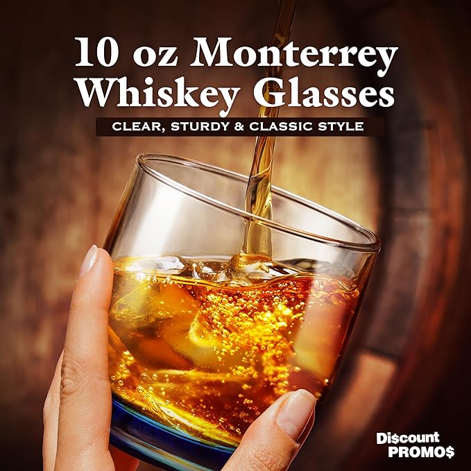 DISCOUNT PROMOS Whiskey Glasses 10 oz Set of 10, Bulk Pack - Heavy Base Old Fashioned Glass, Perfect for Scotch, Bourbon, Whiskey, Cocktail - Blue Bottom Color