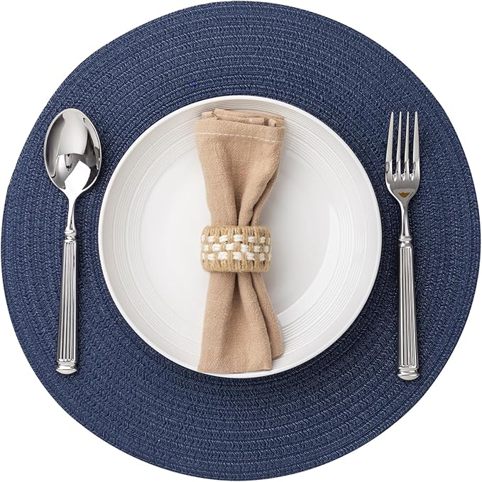 Round Placemats Set of 8 Woven Placemats Washable Braided Table Mats for Dining Table Heat Resistant Non-Slip Circle Place Mats(Navy Blue)