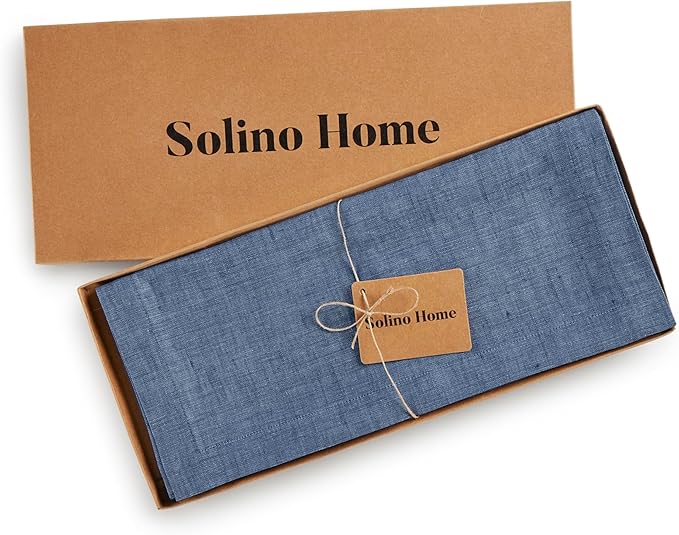 Solino Home Linen Table Runner 36 Inches - 100% Pure Linen Blue Denim Table Runner 14 x 36 Inch Ideal for Dresser and Coffee Tables - Athena, Winter, Spring, Easter