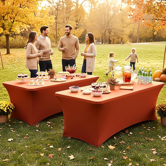 Table Cover for 6 Foot Rectangle Tables-6 Pack Rust Thanksgiving Fitted Stretch Tablecloth-Spandex 6ft Fall Tablecloths for Party, Vendor Booth Display, Banquet Buffet, Craft Trade Show