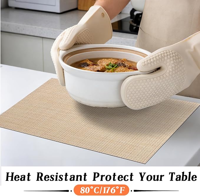 Timeet Placemats Set of 4, Heat Resistant Non-Slip Place Mats for Dining Table, Durable Washable PVC Vinyl Woven Table Mats, Linen Textured Placemats for Kitchen Resistant Easy to Clean(Beige