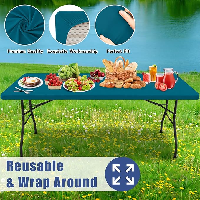 Spandex 4 Foot Rectangle Table Cloth 2 Pack, Elastic Fitted Tablecloths for Picnic, Stretch Washable Patio Table Cover for Outdoor, Camping, Banquet and Parties (Peacock Blue, 30"x48")