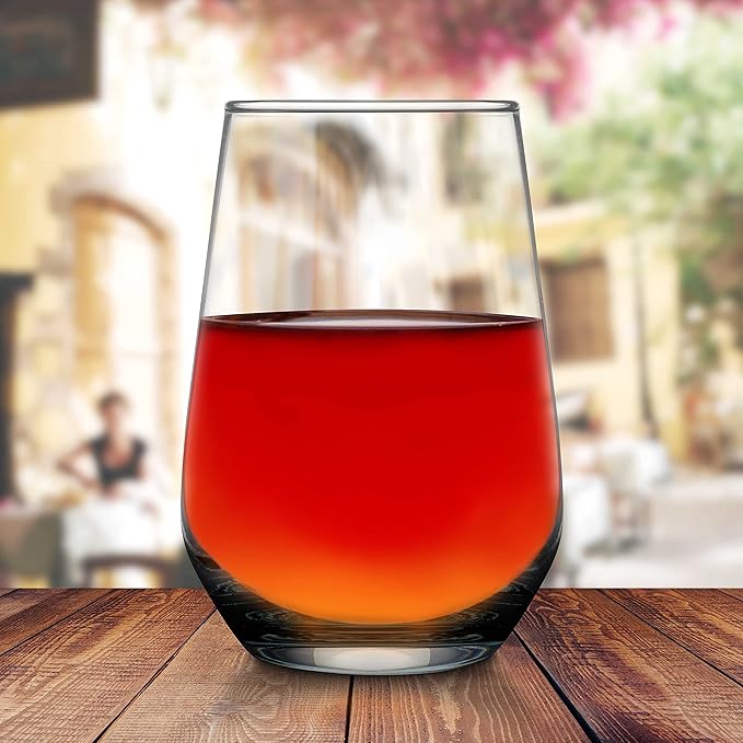 DISCOUNT PROMOS 10 Vaso Silicia Stemless Wine Glasses Set, 16 oz. - Clear, Orb-Like, Thick base - Black