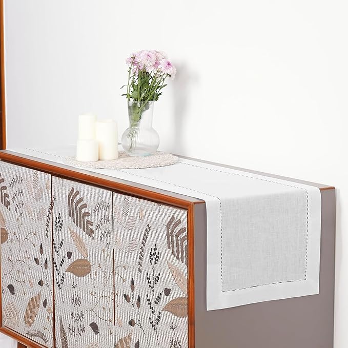 D'Moksha Homes Linen White Table Runner 60 Inches - Classic Hemstitch, 100% Pure Linen Coffee Table Runner 14 x 60 Inch Ideal for Dresser Tables, Valentines, Spring, Easter