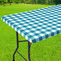 Smiry Rectangle Picnic Table Cloth, Elastic Waterproof Fitted Vinyl Tablecloths, Flannel Backed Buffalo Plaid Table Covers for Dining, Camping, Outdoor (White and Turquoise, 24" x 48")