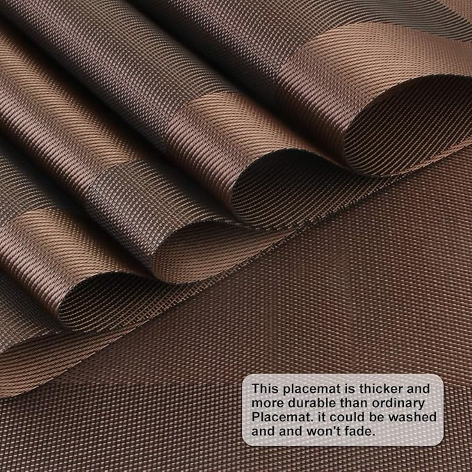 DACHUI Placemats, Heat-Resistant Placemats Stain Resistant Anti-Skid Washable PVC Table Mats Woven Vinyl Place mats (6pcs, Brown-Cross)