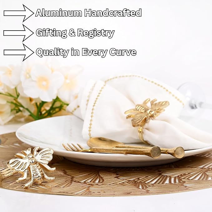 ALPHA Living HOME Decorative Bee Napkin Rings - 12 Pcs Elegant Metal Napkin Ring Modern Cloth Napkin Holders for Table Kitchen Dinner Decor Party Wedding Everyday Use (Gold)