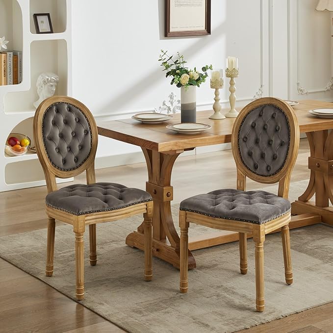 Vintage French Dining Chairs Set of 8, Round Back Velvet Upholstered Accent Chairs with Nailhead Trim and Solid Wood Frame, Elegant Sillas de Comedor for Dining Room & Kitchen, Gray
