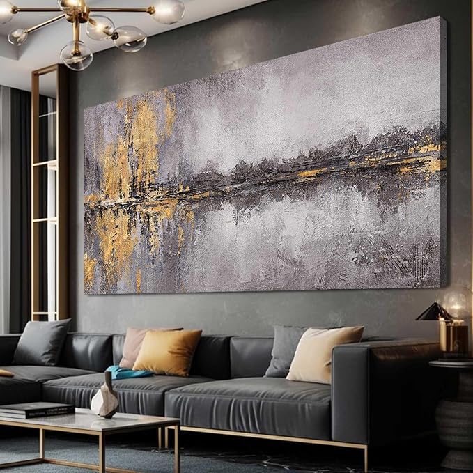 Abstract Wall Art Framed Canvas Wall Decor Gold Grey Pictures Vintage Prints Artwork for Living Room Dinning Room 29"x58"