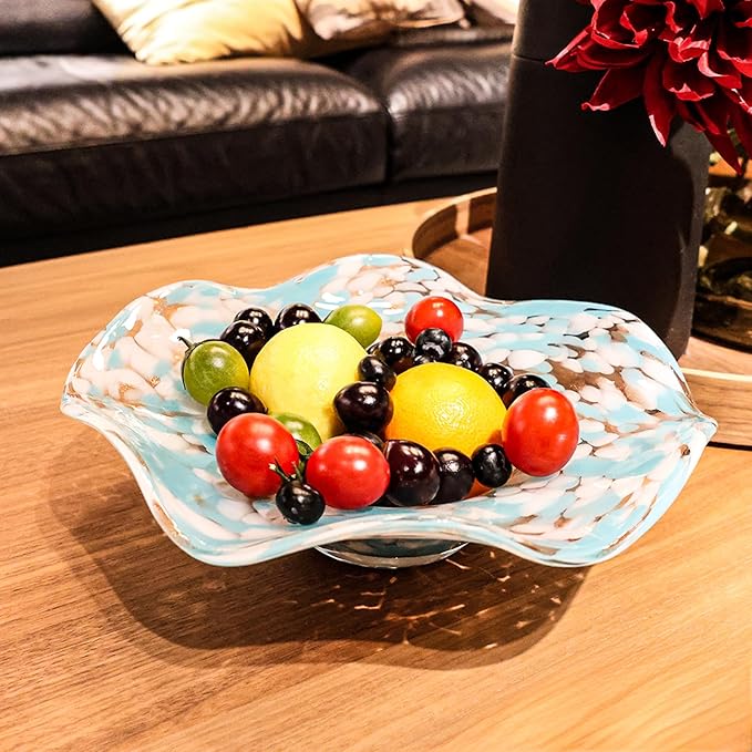 Hand Blown Murano-style Art Glass Bowl, 10.2-Inch Large Decorative Centerpiece for Table, Cobalt Blue Fruit Display & Kitchen Counter Decor