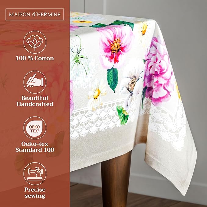Maison d' Hermine Table Cloth Rectangle Table 100% Cotton 60 x 108 Inches Tablecloth Reusable Decorative for Dining Room Farmhouse Home Valentines Day Decorations Spring Summer - Pivoine