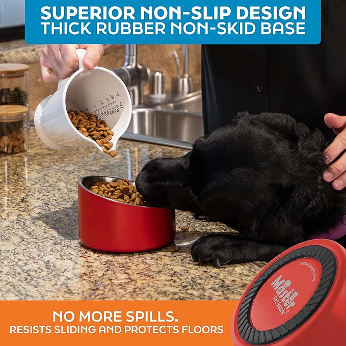 Master Pet Supply Stainless Steel Slanted Dog Cat Food Bowl - 16 oz Heavy Duty - Crimson Flame, Double Wall Insulated, Non-Slip Elevated Bowl for French Bulldogs Pugs Cats, Anti Rust Dishwasher Safe