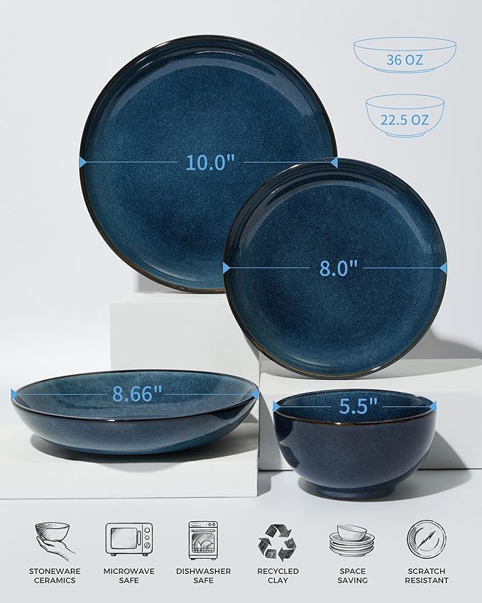 32 Piece Double Bowl Dinnerware Sets with Pasta Bowls, Highly Chip and Crack Resistant Plates and Bowls Sets, Natural Earthyware Ceramic Dishware Sets, Service for 8 Starry Blue