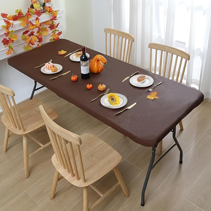 Smiry Rectangle Tablecloth, Elastic Fitted Flannel Backed Vinyl Tablecloths for 6ft Folding Tables, Waterproof Wipeable Table Covers for Indoor, Outdoor, Picnic and Camping (Coffee, 30"x72")