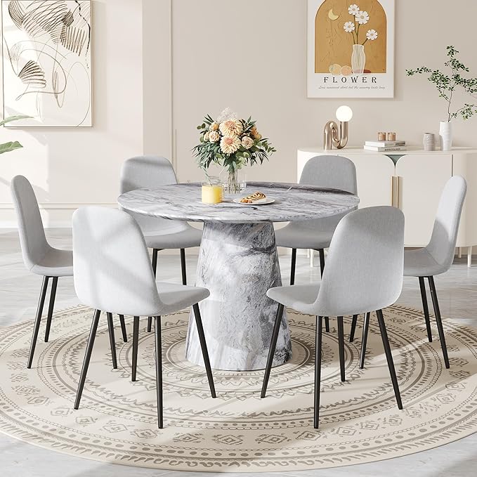 Round Dining Table Set for 6, 45" Modern Faux Marble Kitchen Table and Upholstered Chairs, 7 Piece Circle Dinner Set for Dining Room, Kitchen (Marble Gray Set)