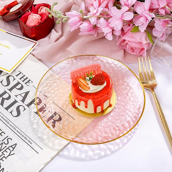 Rubtlamp 100 Pcs Pink Gold Dessert Plates hammered party plates, Pink Disposable Plates With Gold Rim, 7 Inch Dessert Platos Disposable, Plastic Appetizer Plates Perfect for Mother's Day