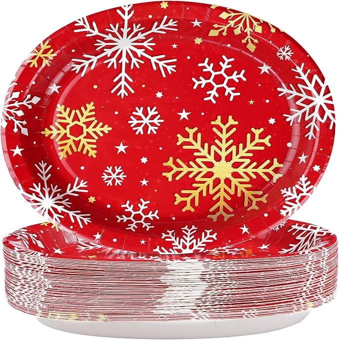 50Pcs Christmas Snowflake Oval Paper Plates 10" x 12" Large Red Gold and White Snowflake Plates Disposable Heavy Duty Christmas Party Decorations for Xmas Winter Holiday New Year Dinner Party Supplies