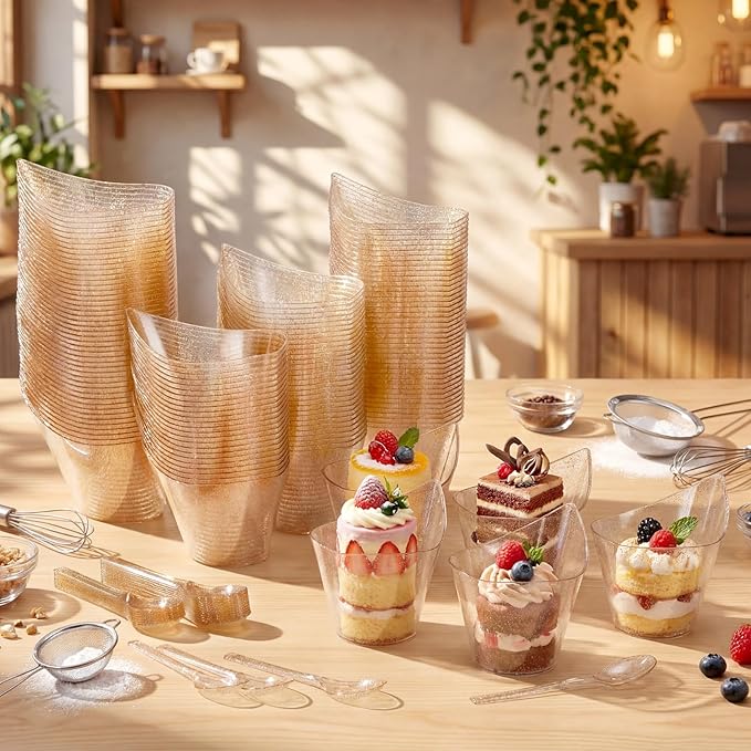 150 Pack Gold Glitter Plastic Dessert Cups with Tasting Spoons, Appetizer Cups Yogurt Parfait Bowls with Spoons for Party Supplies Catering Chocolate Desserts Buffet Food Display (7 oz)