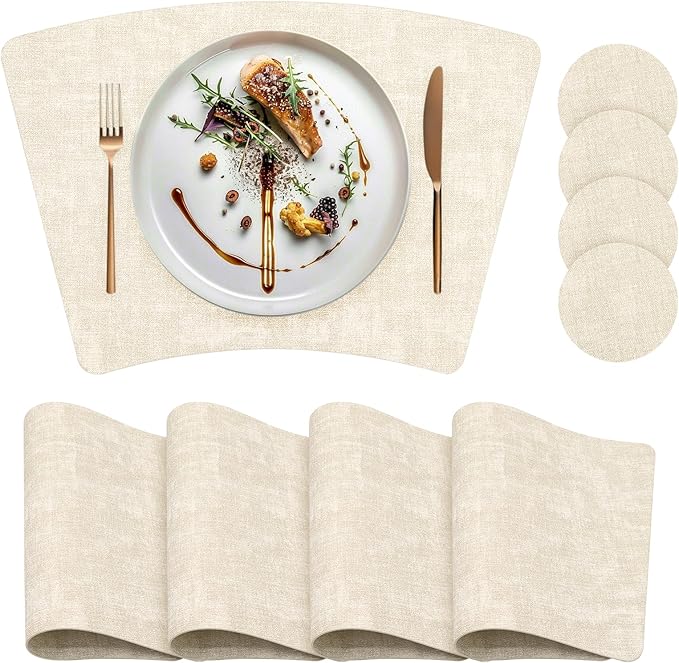 Round Table Placemats Set of 4, Wedge Shaped Faux Leather Table Mats, Heat Resistant Wipeable Washable Place Mats for Dining Table Dinner Kitchen Indoor Outdoor