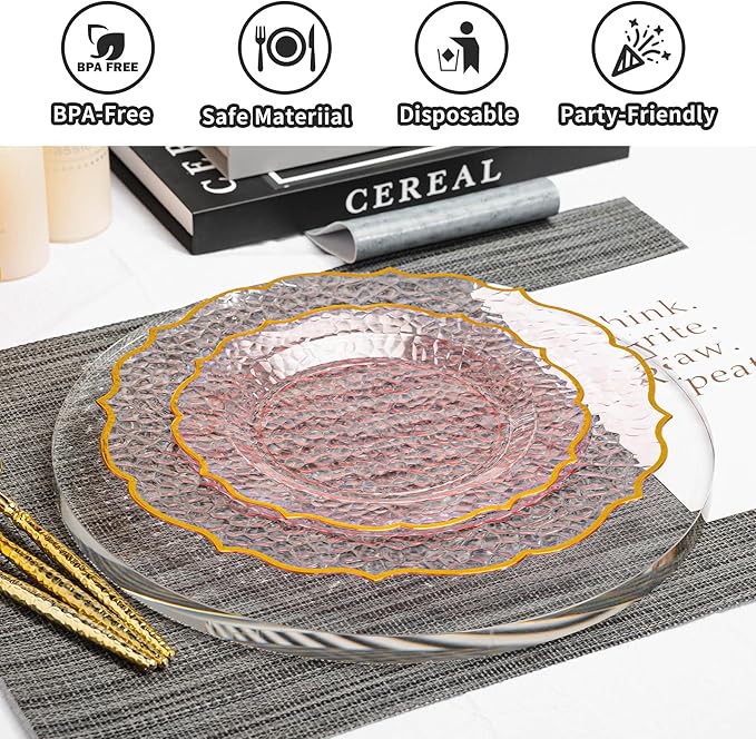 N9R 120 Clear and Pink Plastic Plates, Pink Disposable Plate with Gold Rim, Stone Texture Plate, Include 120 Dinner & Dessert Plates for Wedding, Party