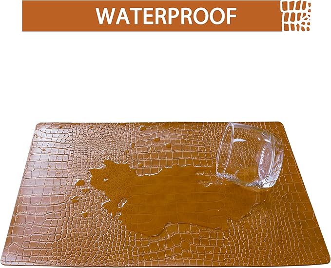Jovono Faux Leather Placemats Set of 8, Waterproof Heat Resistant Dinner Place Mats for Dining Table, Non-Slip Crocodile Embossed, Brown (17.8x11.8 Inch)