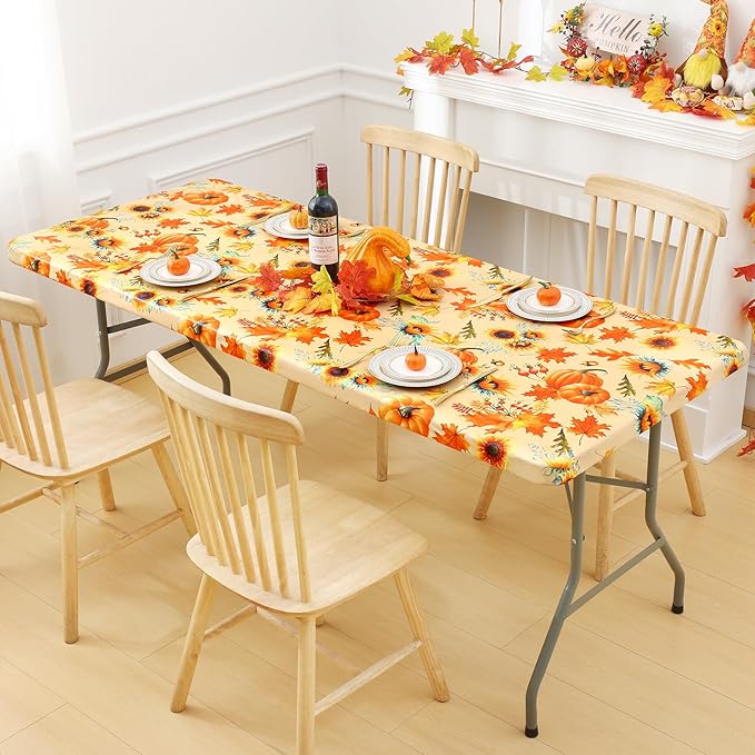 Smiry Plastic Thanksgiving Tablecloth, Sunflower & Pumpkin Wipeable Flannel Backed Vinyl Tablecloths for 6 Foot Tables, Waterproof Elastic Fitted Table Covers for Autumn Harvest (Gold, 30x72 Inches)