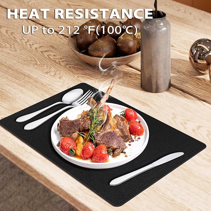 Placemats Set of 12 Washable, Heat Resistant Table Placemats Wipeable Faux Leather Place Mats Non Slip, Waterproof Square Table Mats for Indoor Outdoor, Black
