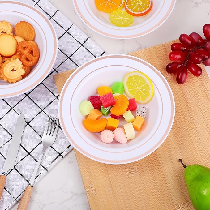 Jinei 150 Pieces 6 oz Plastic Bowls with Rim Small Disposable Soup Bowls for Dessert Salad Soup Candy Wedding Thanksgiving Catering Holidays Party Supplies (White,Rose Gold Rim)