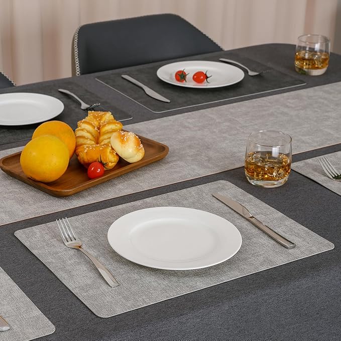Myir JUN Reversible Vinyl Placemats Set of 8, Faux Leather Place Mats Dual Sided Waterproof Oilproof Wipeable, Heat-Resistant Table Mats for Kitchen Dining Indoor Outdoor (12" x 17", Light Gray Gray)