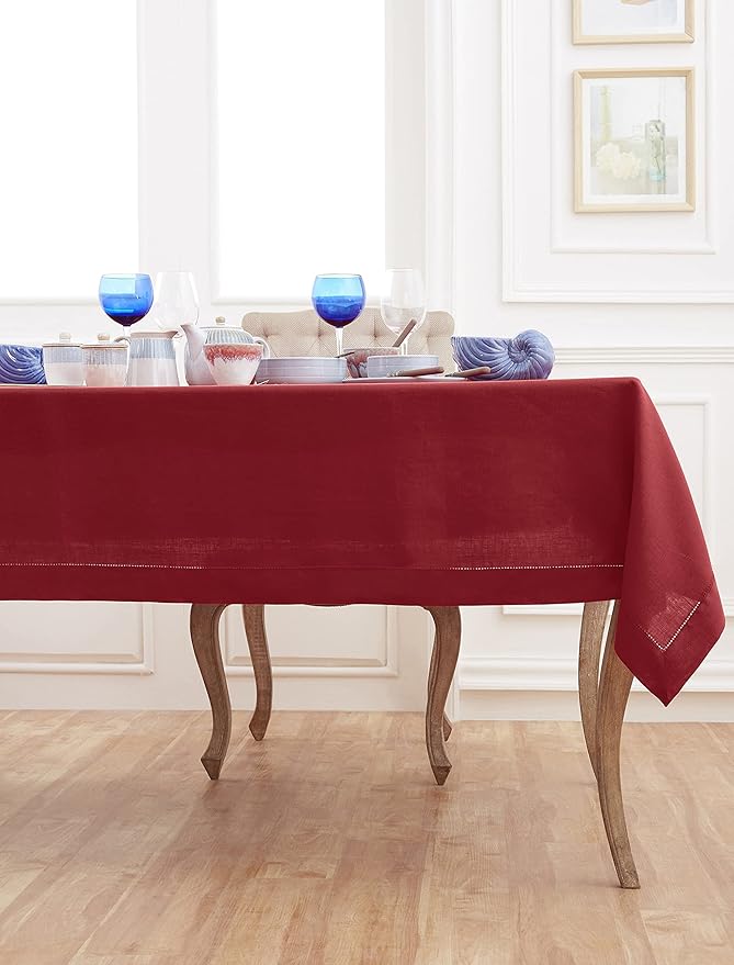 Solino Home Linen Tablecloth 60 x 108 Inch - Classic Hemstitch 100% Pure Linen Red Table Cloth for Rectangle Tables - Machine Washable Tablecloth for Valentines, Winter