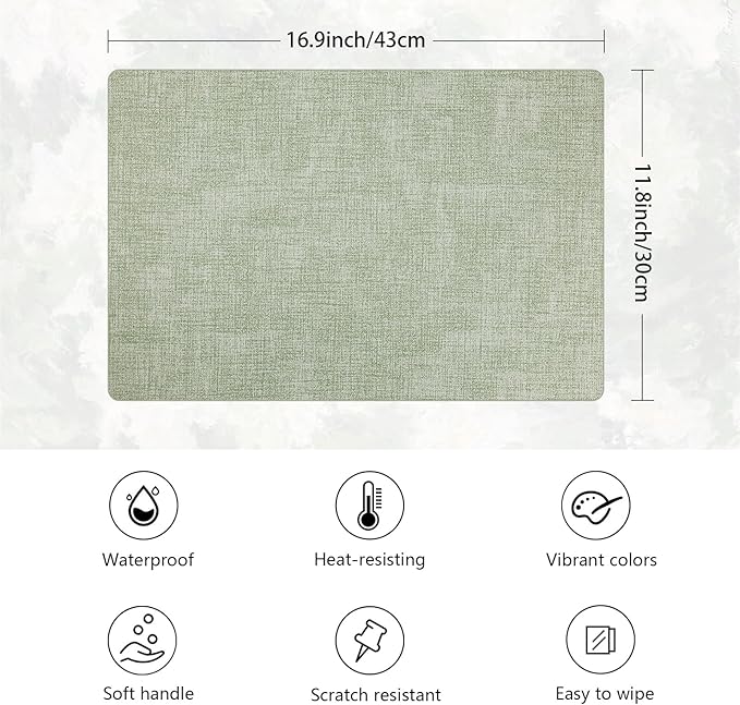 Placemats Set of 6 Faux Leather Heat Resistant Tables Mats Waterproof Oilproof Wipeable Reversible Anti-Slip Place Mats for Kitchen/Dining/Party/Outdoor 11.8" x 16.9", Light Green