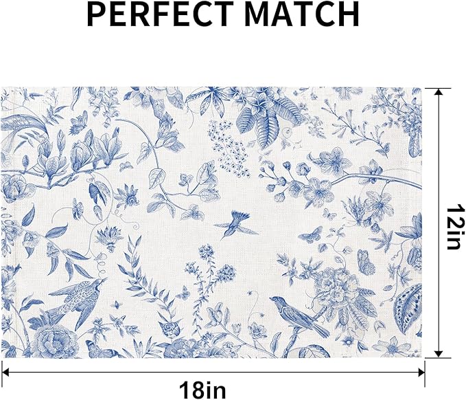 QIYI Boho Placemats Set of 6, 12x18 Inch Linen Fabric Place Mats for Kitchen Dinning, Farmhouse Rustic Floral Cloth Table Mats, Washable Placemat Botanical Party Table Décor, Blue Garden