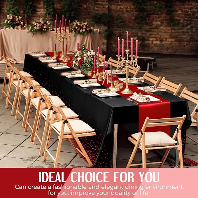Breling 8 Pack Black and Red Disposable Plastic Tablecloths and Satin Table Runner Set, 54 x 108 Inch Tablecloth, 12 x 108 Inch Table Runners for Wedding Graduation Birthday Baby Shower
