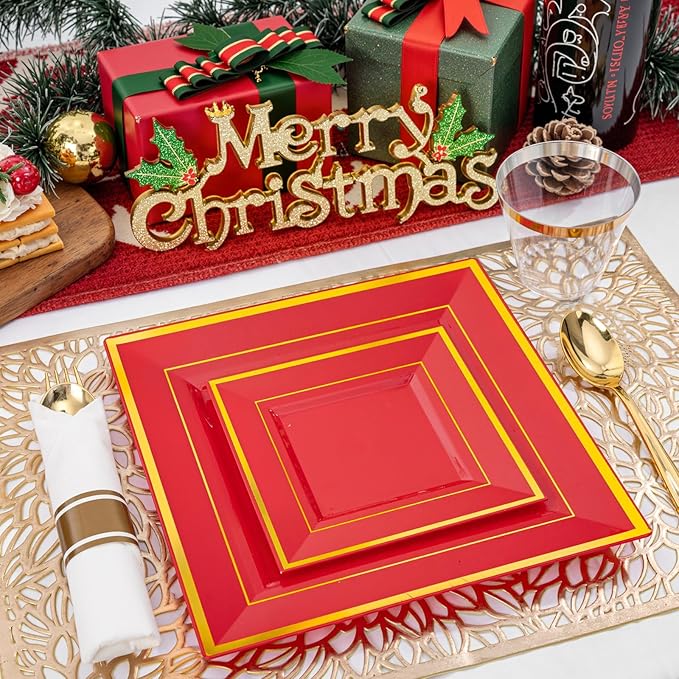 Liacere 100PCS Red and Gold Square Plastic Plates-50PCS Heavy Duty 9.5inch Disposable Dinner Plates and 50PCS 6inch Red Dessert Plate - Gold Plastic Plate for Party&Wedding&Valentine's Day