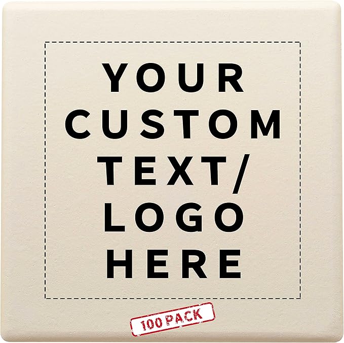 100 4" Square Ceramic Coasters Set - Customizable Text, Logo - Cork Bottom, Serve Ware - Natural