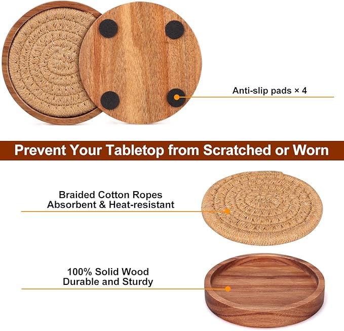 5 Pcs Best Absorbent Wooden Coasters Set - 4 Inches Brown Woven Coaster Modern Acacia Wood Coasters for Drinks, Coffee Table Decor, Farmhouse, Bar, Office, Beer, Kitchen, Dining Room, Outdoor, Desk
