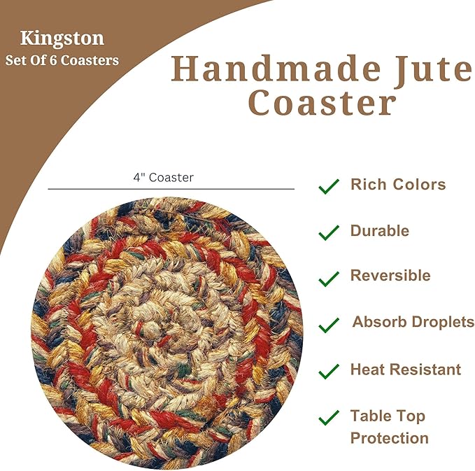 Homespice Kingston Jute Braided Coasters 4", Warm Country Decor, Set of 6, Multicolor - Durable, Absorbs Moisture, Easy to Clean and Protects Furniture