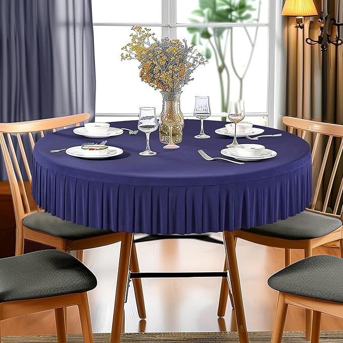 1 Pack Navy Blue Spandex Round Tablecloths for 60 inch Table, Stretchy Fitted 5FT Round Table Cloth with Skirt for Wedding Party Dining Banquet
