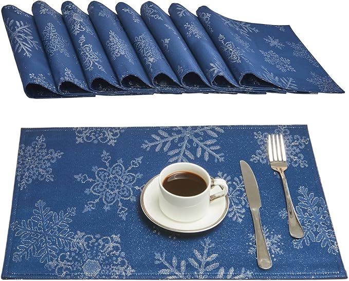 Cloth Place Mats Set of 8–Reusable Rectangular Waterproof Fabric Polyester Washable Wipeable Heat Resistant Jacquard Sparkling Metallic Snowflake for Kitchen Table(Navy Silver/13x19 Inch)