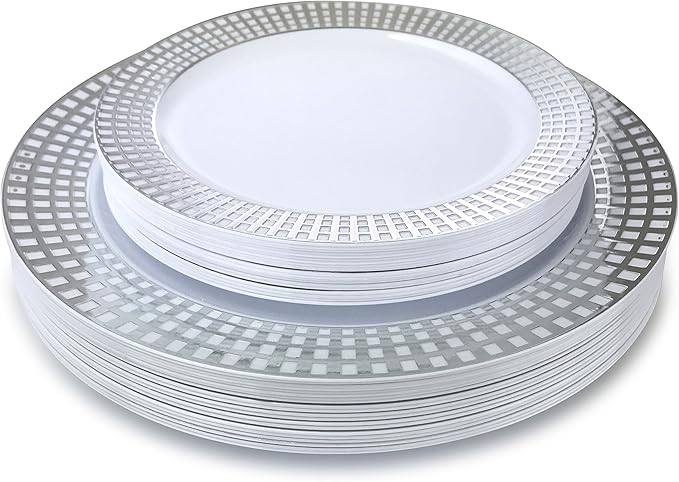 OCCASIONS 240 Plates Pack,(120 Guests) Premium Wedding Party Disposable Plastic Plates Set -120 x 10.25'' Dinner + 120 x 7.5'' Salad/Dessert (Princess White/Silver)