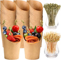 50 Pcs Charcuterie Cups with Skewers, 12 Oz Paper Snack Appetizer Cups with Cocktail Picks, French Fry Holder Brown Kraft , Disposable Popcorn Boxes Cones, Party Board Favor(50 ConeCups + 200 Sticks)